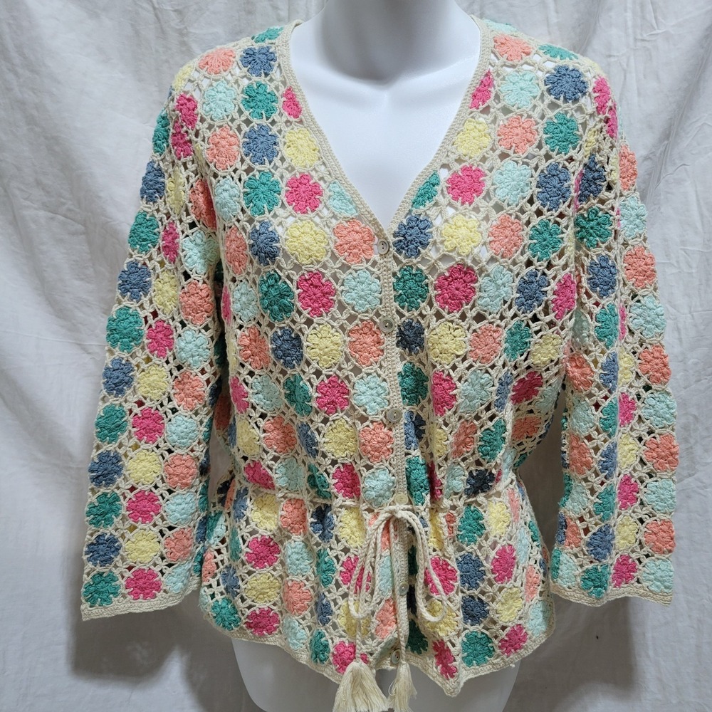 Vintage David Brooks Sweater‎ Womens Large Granny Square Crochet Cardigan 90s